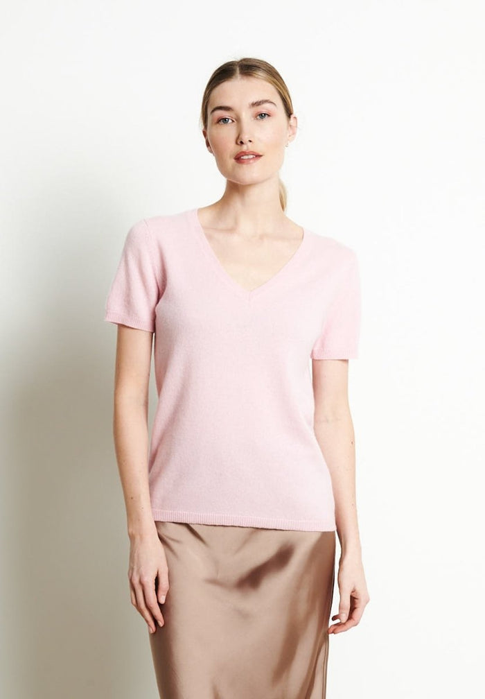 LILLY 14 T-shirt col V en cachemire manches courtes rose baby