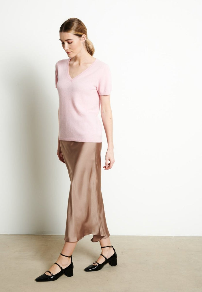 LILLY 14 T-shirt col V en cachemire manches courtes rose baby