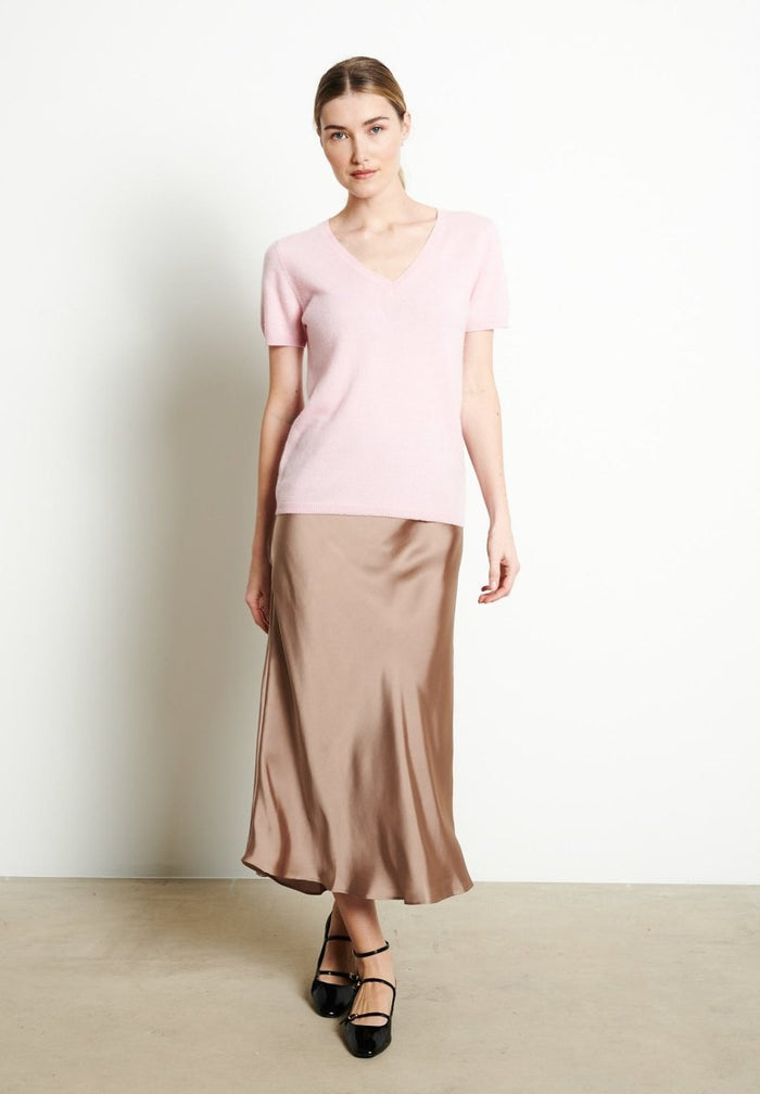 LILLY 14 T-shirt col V en cachemire manches courtes rose baby