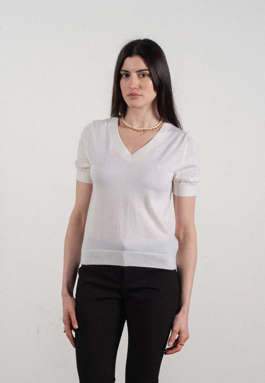 T-shirt col V manches courtes femme en cachemire et laine ultrafin blanc - FRIDA 10