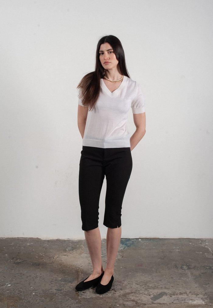 T-shirt col V manches courtes femme en cachemire et laine ultrafin blanc - FRIDA 10