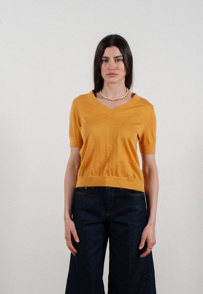 T-shirt col V manches courtes femme en cachemire et laine ultrafin jaune - FRIDA 10