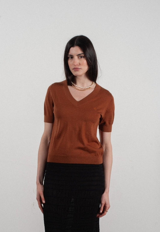 T-shirt col V manches courtes femme en cachemire et laine ultrafin marron clair - FRIDA 10