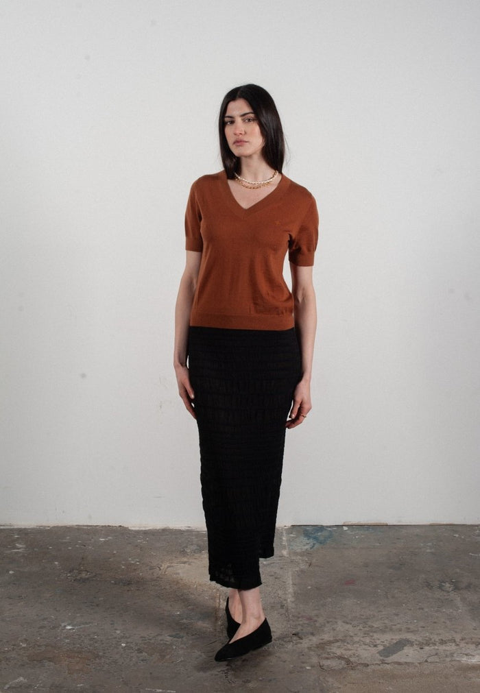 T-shirt col V manches courtes femme en cachemire et laine ultrafin marron clair - FRIDA 10