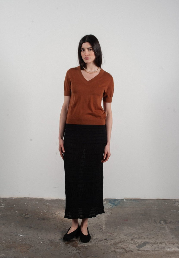 T-shirt col V manches courtes femme en cachemire et laine ultrafin marron clair - FRIDA 10