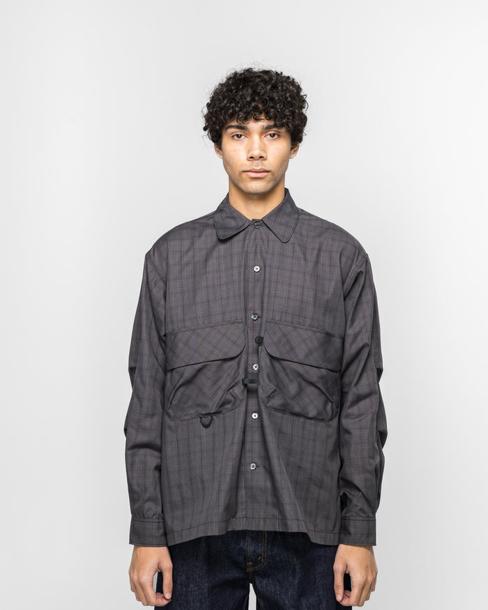 Tech Sports Open Collar Shirt L/S - Nova Check Charcoal Grey