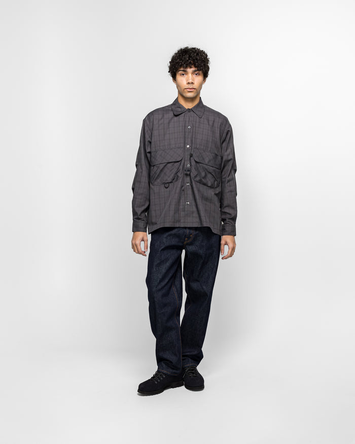 Tech Sports Open Collar Shirt L/S - Nova Check Charcoal Grey