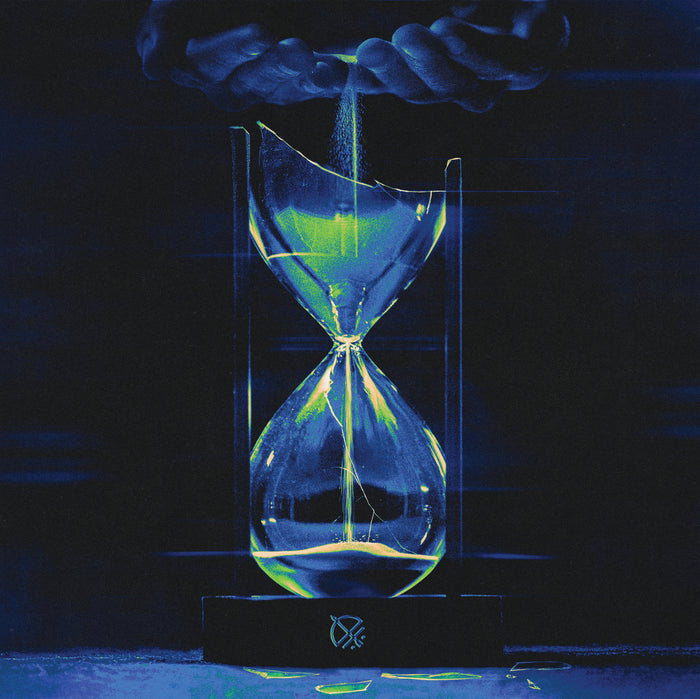 A pair of hands pours glowing green sand into a cracked hourglass against a dark blue backdrop, with spilled grains symbolizing the fleeting nature of Archers Temporary High EP Album Digital Download.