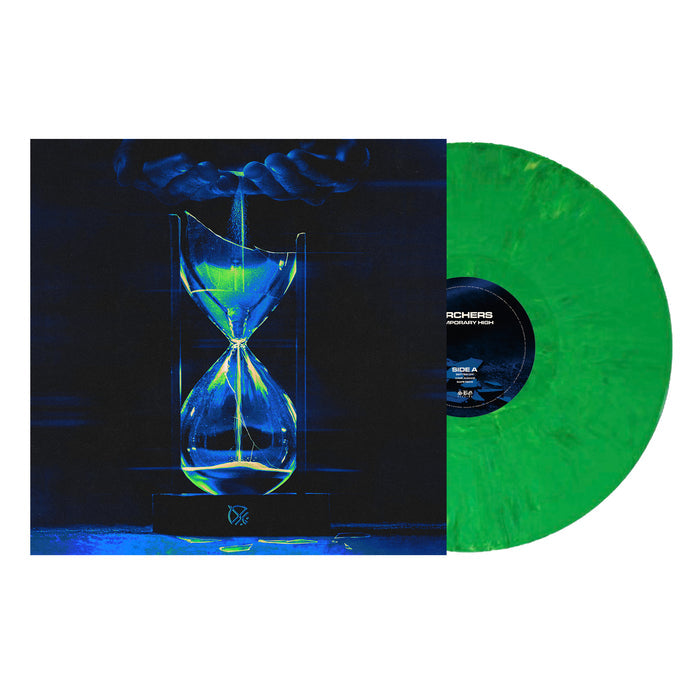 A green marble Temporary High Green Vinyl by Archers partially covers an album featuring glowing blue hands pouring sand into an hourglass on a dark background. Includes full album digital download. Releases June 13, 2025.