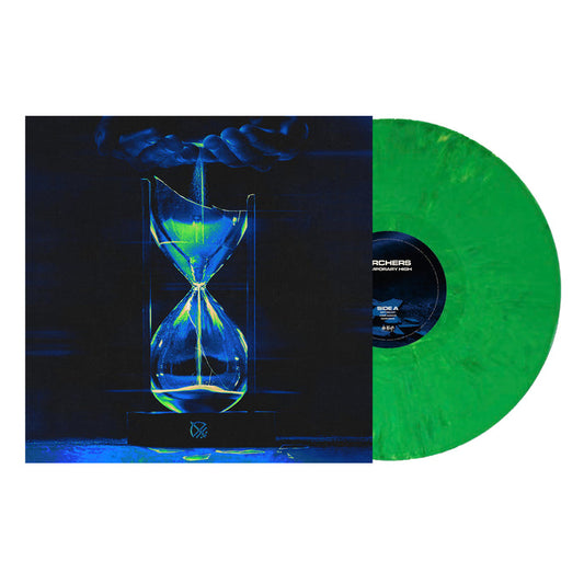 A green marble Temporary High Green Vinyl by Archers partially covers an album featuring glowing blue hands pouring sand into an hourglass on a dark background. Includes full album digital download. Releases June 13, 2025.
