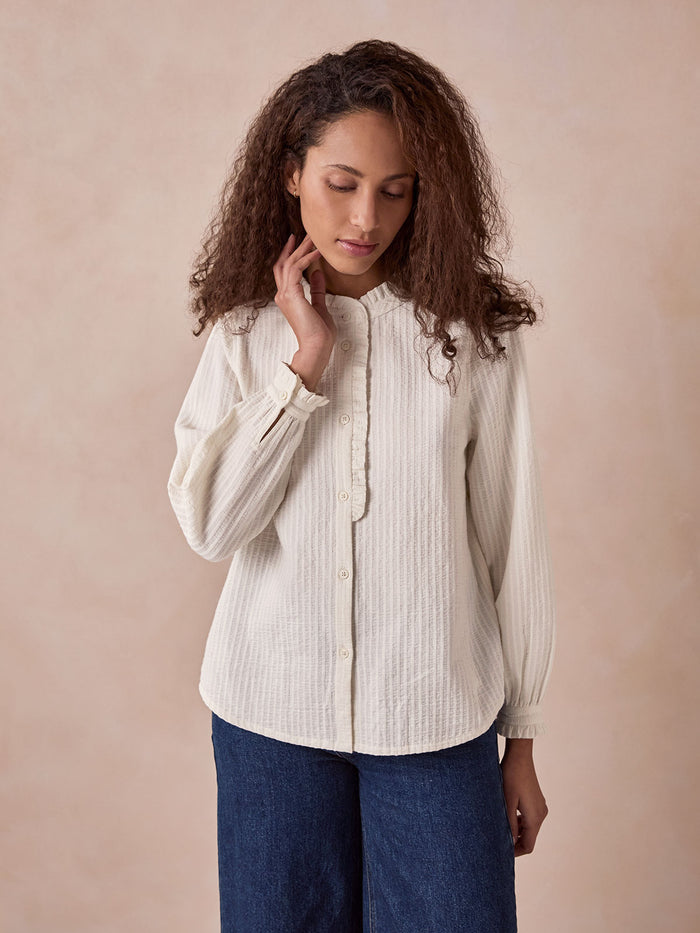 Textured Cotton Shirt With Frill Collar