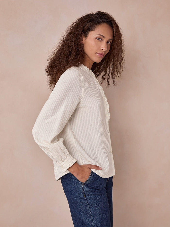 Textured Cotton Shirt With Frill Collar