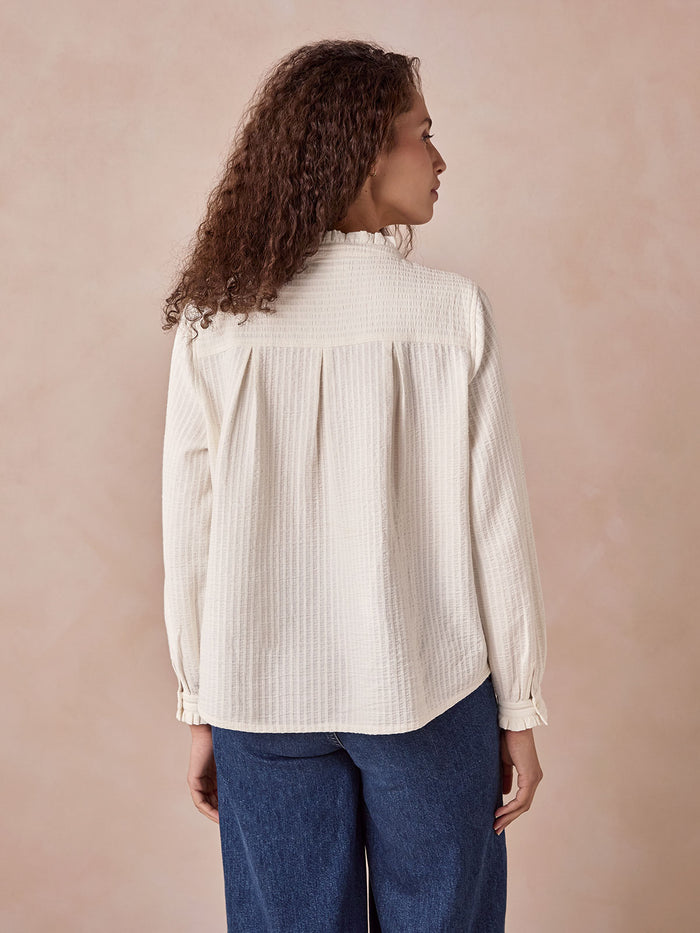 Textured Cotton Shirt With Frill Collar