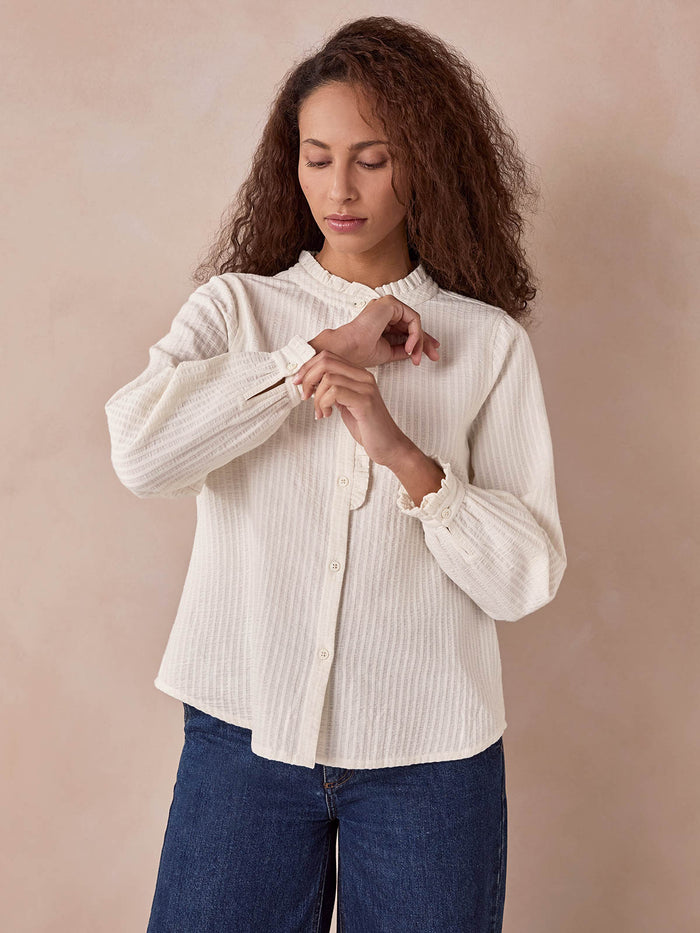 Textured Cotton Shirt With Frill Collar