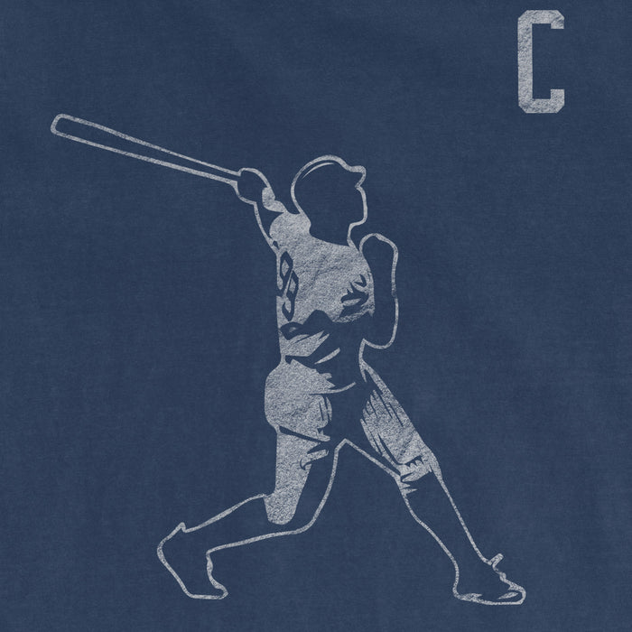 Outline of a person swinging a baseball bat, with a large letter "C" in the top right corner on a blue background.
