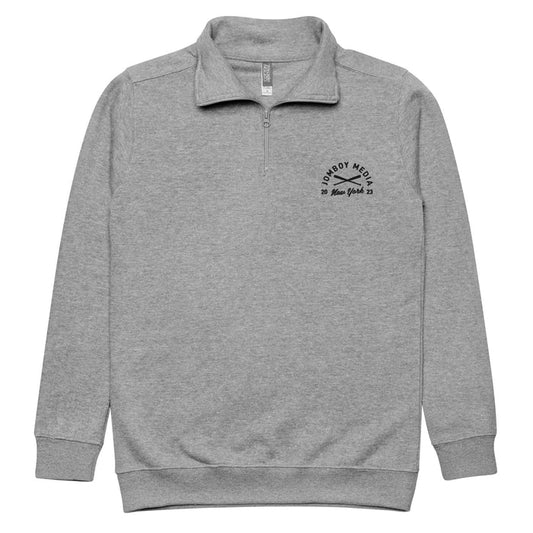 Gray fleece quarter-zip pullover with "Jomboy Media" logo, crossed baseball bats, and "New York 23" embroidered on the chest.