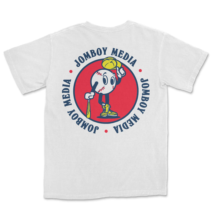 White T-shirt featuring a cartoon baseball character mascot holding a bat and a yellow baseball glove, with "JOMBOY MEDIA" text in a circular pattern.
