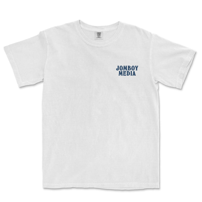 White T-shirt with "JOMBOY MEDIA" logo printed in navy blue on the upper left chest area.
