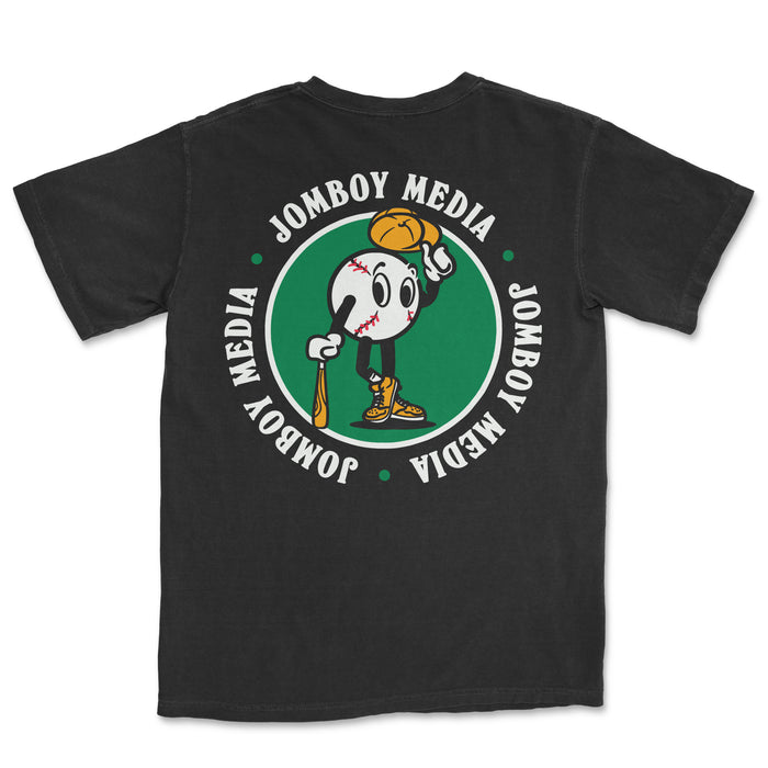 A black T-shirt featuring a cartoon baseball mascot with a baseball head, holding a bat and wearing a glove, surrounded by "JomboY Media" text.