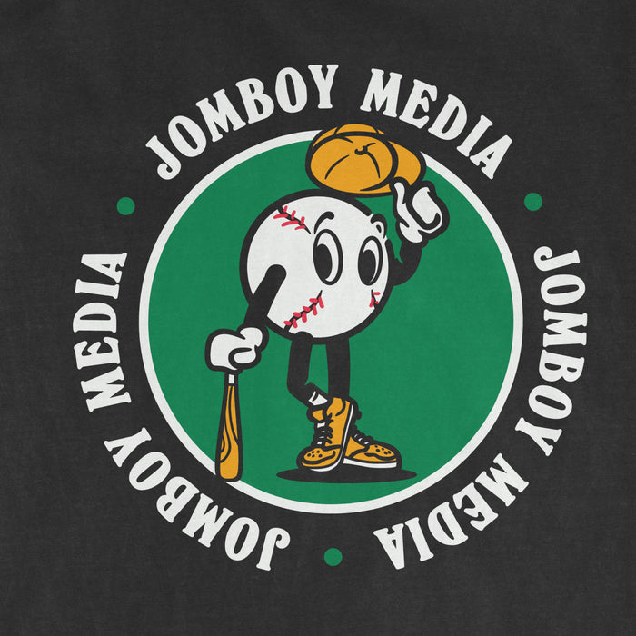 A cartoon baseball character mascot with a baseball head, wearing sneakers, holding a bat, and tipping a baseball glove.
