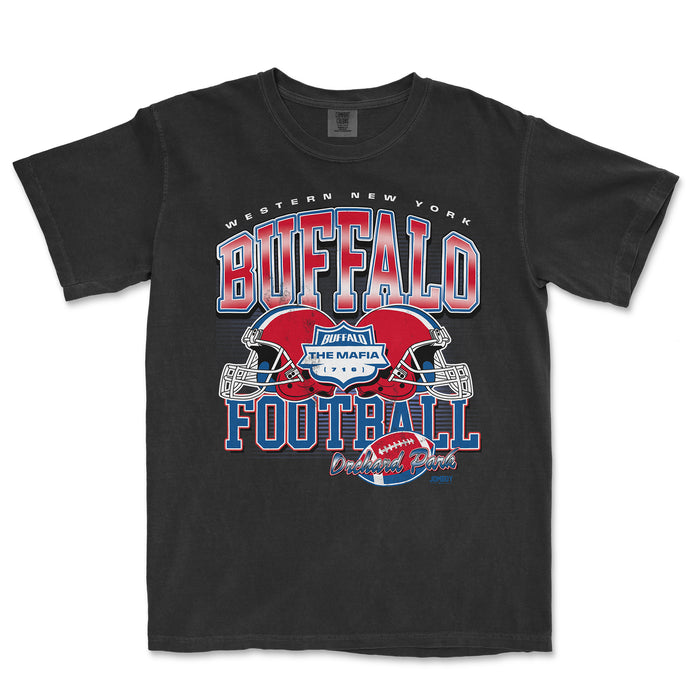 Black T-shirt featuring a colorful graphic design with football helmets, text "Buffalo Football," and references to Orchard Park and Western New York.