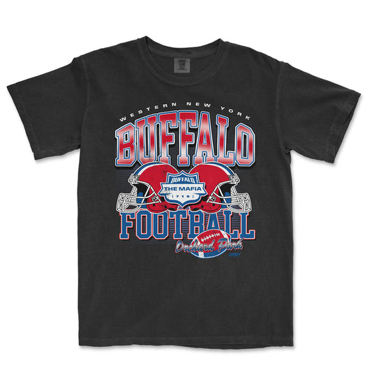 Black T-shirt featuring a colorful graphic design with football helmets, text "Buffalo Football," and references to Orchard Park and Western New York.