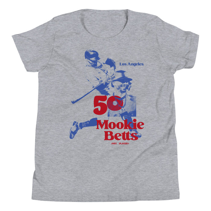 Gray youth T-shirt featuring a blue and red vintage-style graphic of Mookie Betts, celebrating 50 years, with "Los Angeles" text.