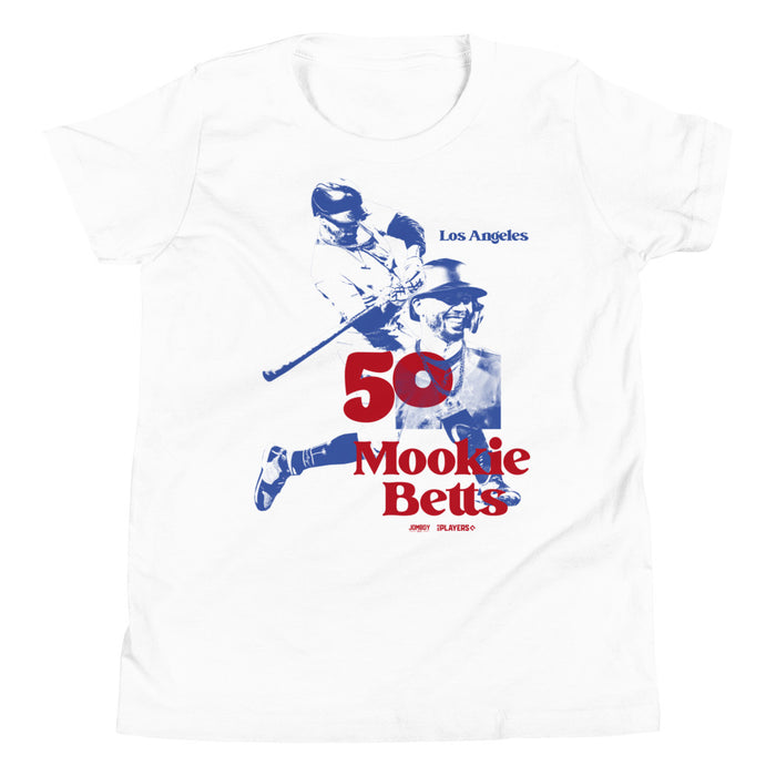 Youth white T-shirt featuring a blue and red retro Los Angeles print of Mookie Betts, celebrating 50 years with vintage-style graphics.