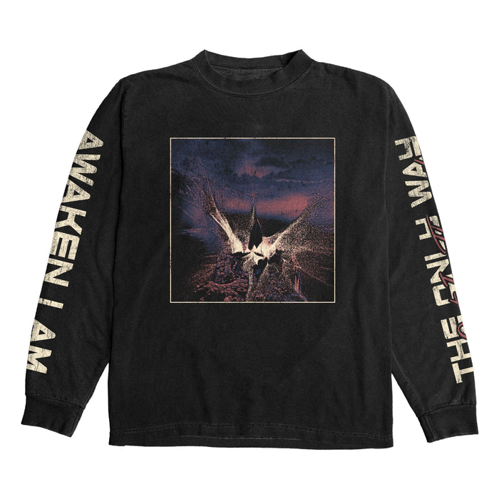 Awaken I Am black long-sleeve shirt with a white bird graphic over a dark abstract landscape, “AWAKEN I AM” on the left sleeve, and “THE ONLY WAY” on the right sleeve in bold letters.