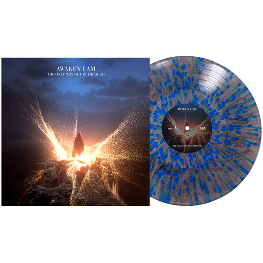 A Grey w/ Splatter Vinyl LP by Awaken I Am lies beside its cover, featuring a glowing figure breaking through rocks beneath dramatic clouds. Album title The Only Way Out Is Through appears at the top.