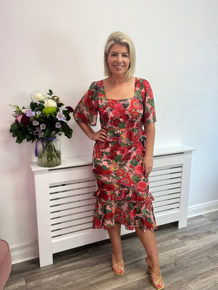 THE VIRGINIA SQUARE NECK PEPLUM WAIST MIDI DRESS (RED)