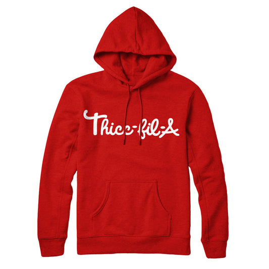 Stay Sick Clothing red pullover hoodie featuring a front pocket, hood, and “Thicc-fil-A” in white cursive on the chest, mimicking the Chick-fil-A logo for a playful twist.