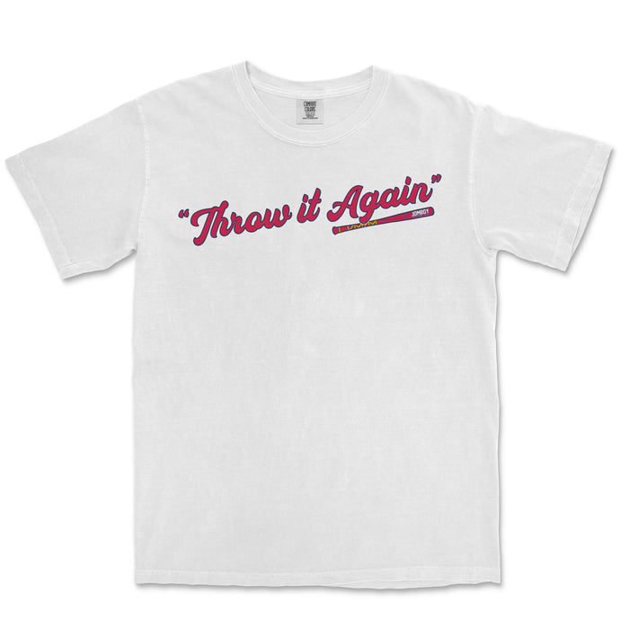 White T-shirt with "Throw it Again" text in red and purple, featuring a colorful, stylized stick illustration underneath.