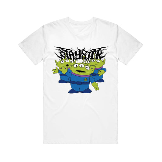 White T-shirt by Stay Sick Clothing featuring three Toy Story green aliens in blue uniforms, with STAY WEIRD in bold, distorted black font above them.