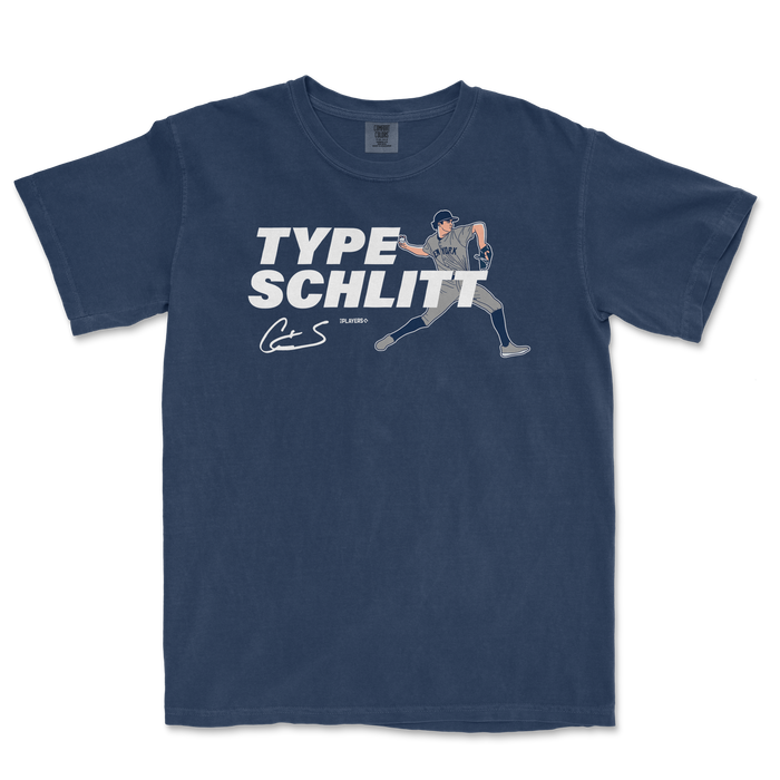Navy blue t-shirt featuring the phrase "Type Schlitt" and a graphic of a baseball player in action.