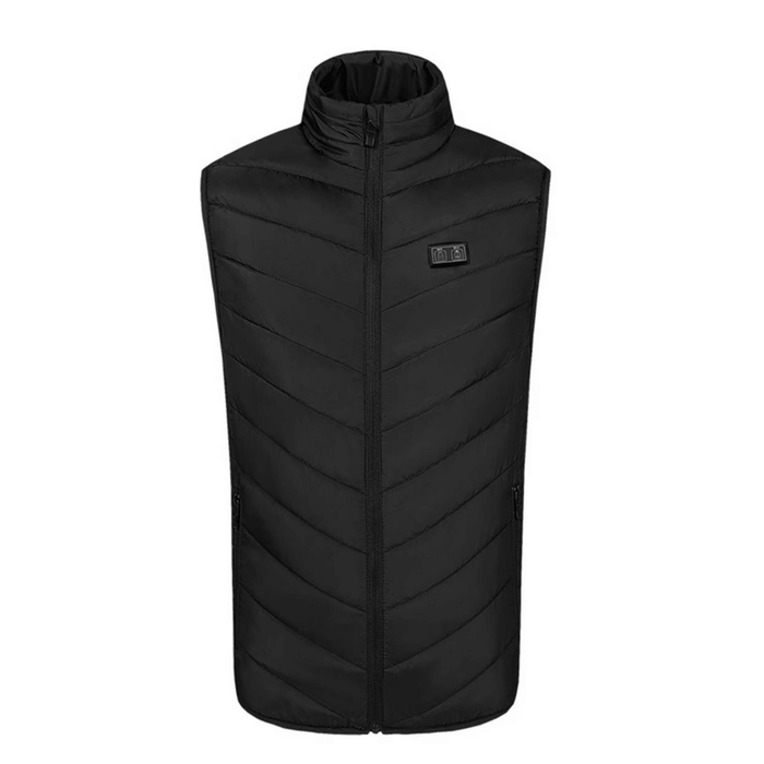 front view of black heated body warmer with high neck and zip fully zipped up