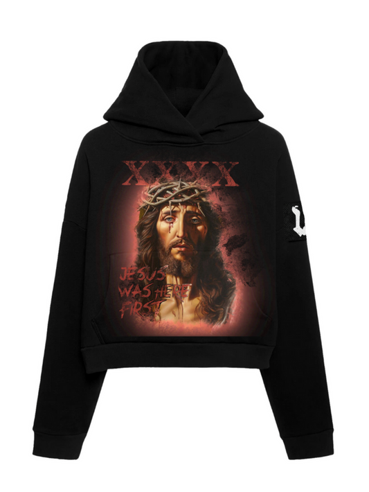 Unisex Crown of Thorns Hoodie - black boxy hoodie with painted Jesus crown of thorns front graphic