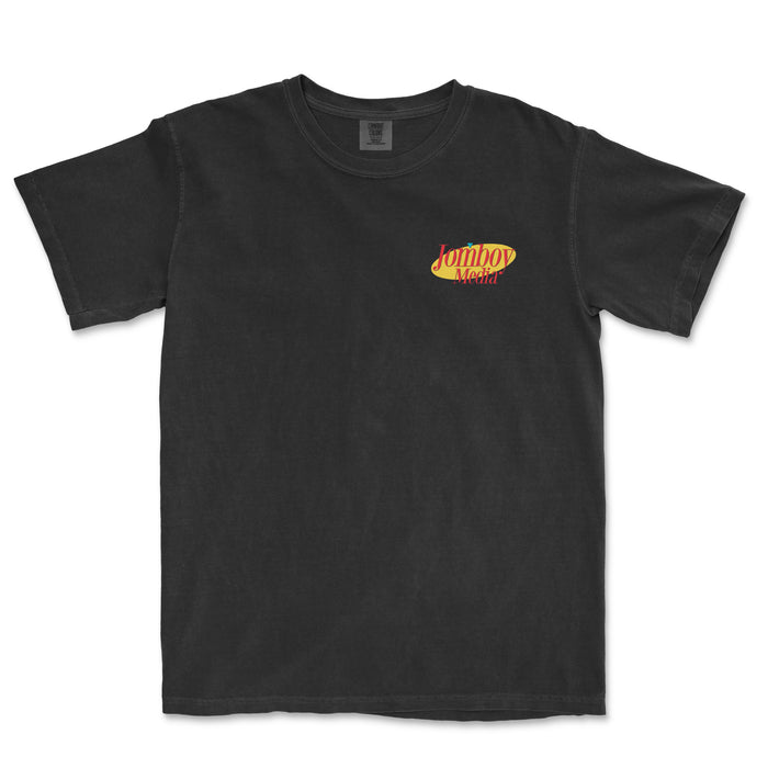 Black T-shirt with "Jomboy Media" logo in red and yellow on the upper left chest area.