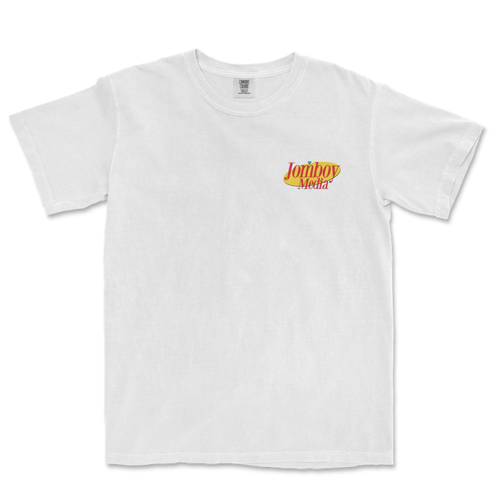 White T-shirt featuring a small "Jomboy Media" logo in red and yellow on the upper left chest area.
