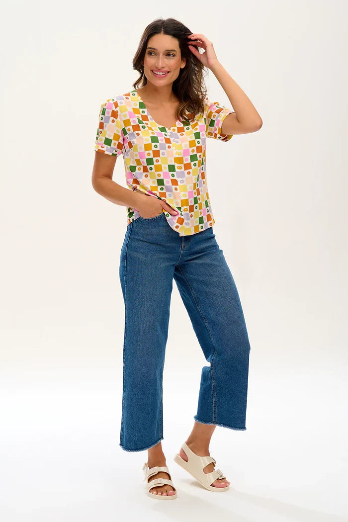 Viola Blouse - Multi, Floral Checkerboard