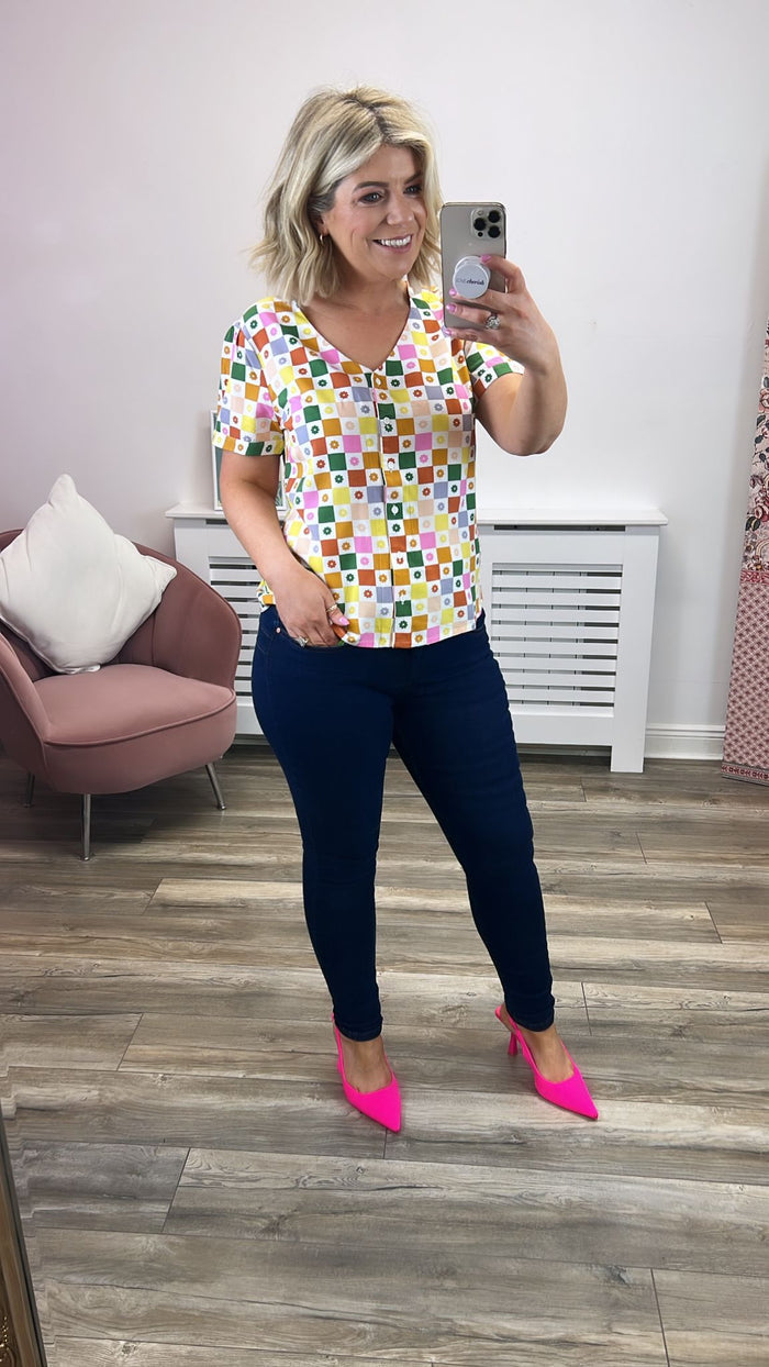 Viola Blouse - Multi, Floral Checkerboard