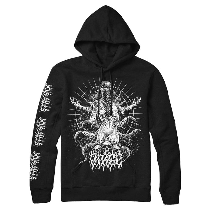 Stay Sick Clothing black hoodie with a white graphic of a robed skeleton raising its arms, surrounded by rays and skulls, plus abstract flame motifs on the left sleeve.