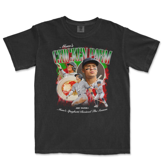 Black T-shirt featuring a graphic design of a baseball player, a pizza, and the text "Mom's Chicken Parm" and "Mom's Spaghetti Revived The Season.