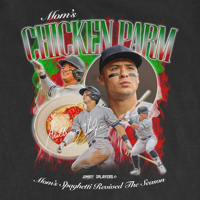 A promotional poster featuring a plate of Volpe's Famous Chicken Parm, with baseball players and vibrant red, green, and white graphics.