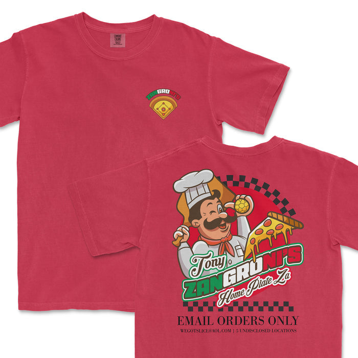 Red T-shirt featuring a cartoon chef holding a pizza slice and a pizza ball, with "Tony Zan Grom's Home Plate" branding and contact info.