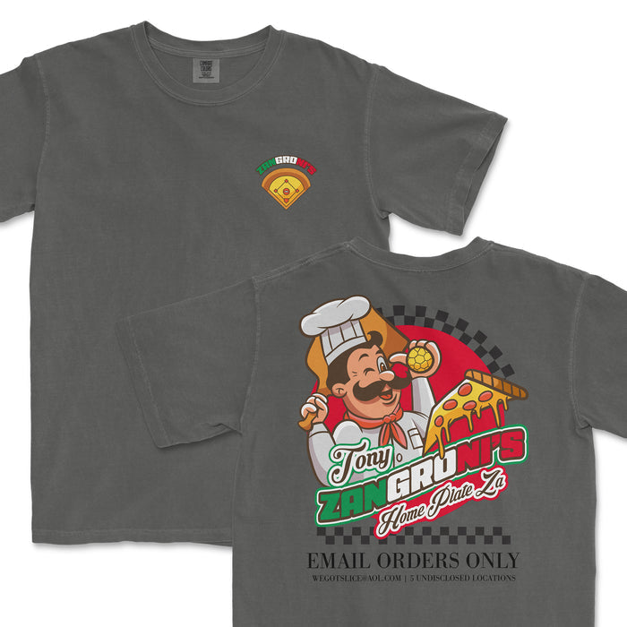 Gray T-shirt featuring a cartoon chef holding a pizza slice and a pizza paddle, with colorful "Tony Zan Grot's" logo and text.