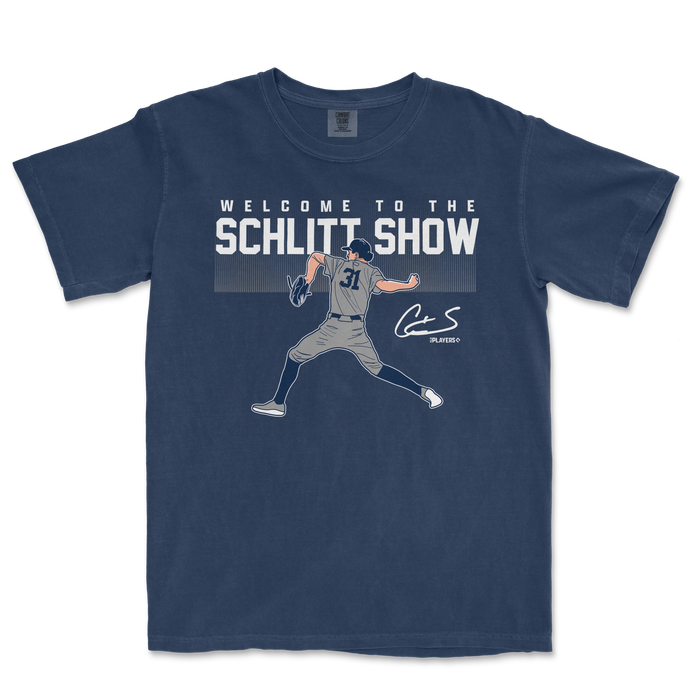 Navy blue t-shirt featuring "Welcome to the Schlitt Show" text and an illustration of a pitcher in action.