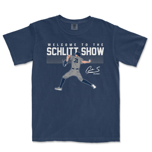 Navy blue t-shirt featuring "Welcome to the Schlitt Show" text and an illustration of a pitcher in action.
