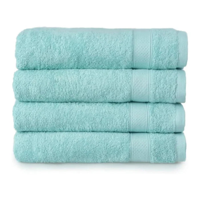 Set of 4 squa blue green bath towels folded in a pile