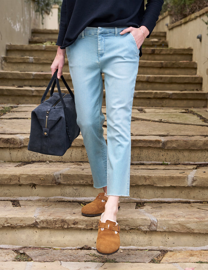 Front of person wearing 1975 Blue Wash Frank & Eileen Wicklow Italian Chino in Italian Performance Denim